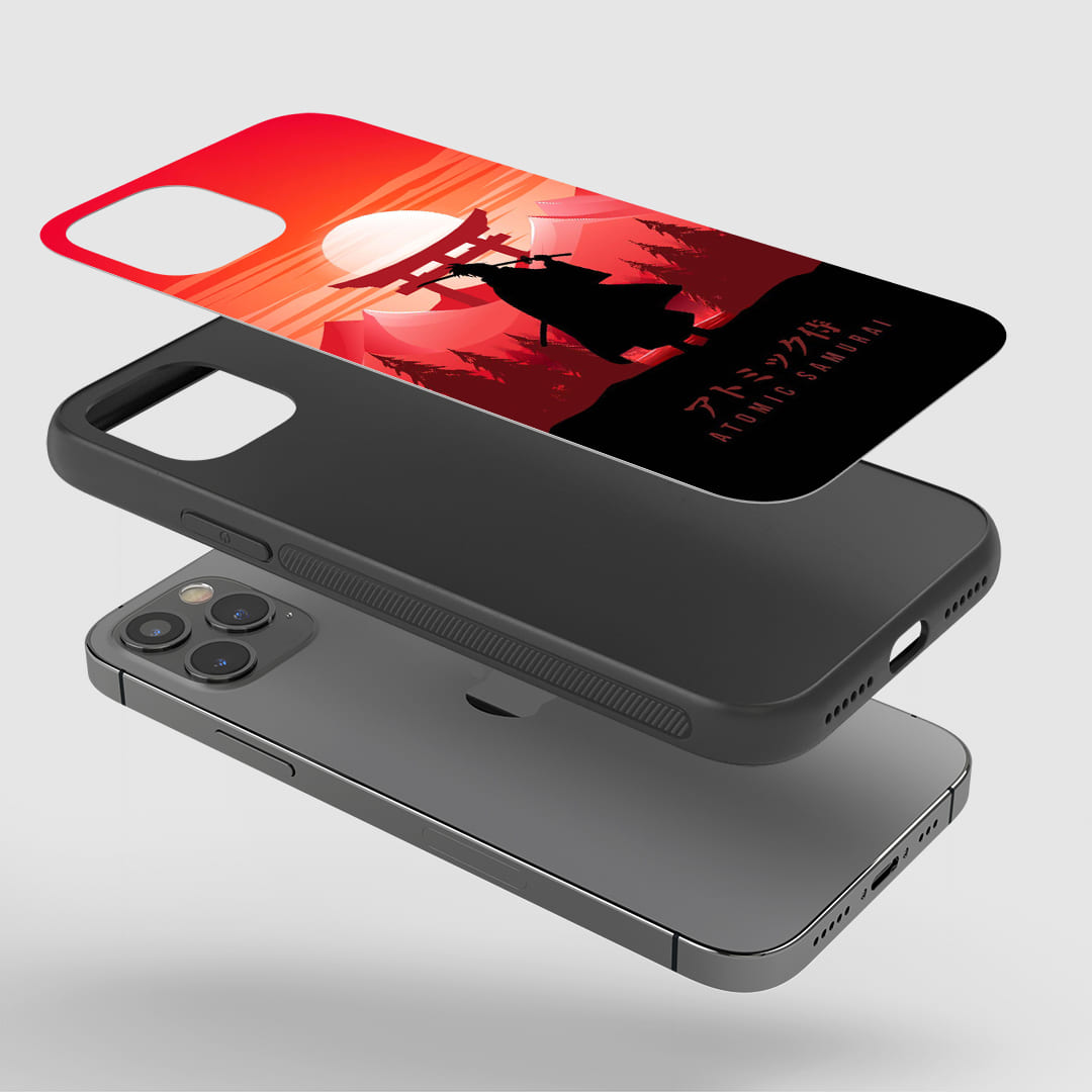 Atomic Samurai Phone Case installed on a smartphone, offering robust protection and a powerful design.