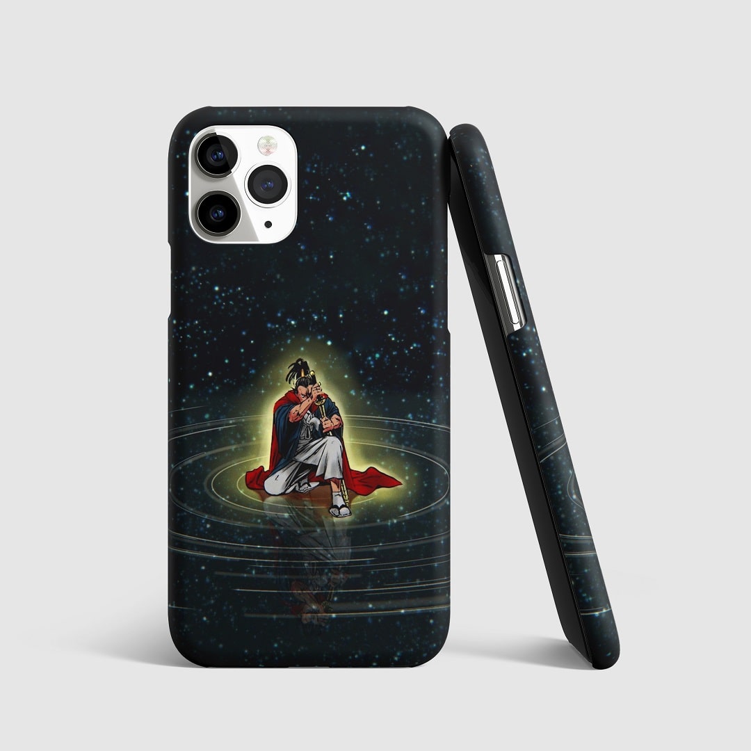 Striking artwork of Atomic Samurai from "One Punch Man" against a cosmic background on phone cover.