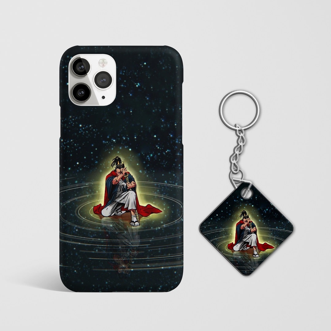 Close-up of Atomic Samurai’s intense expression on space-themed phone case with Keychain.
