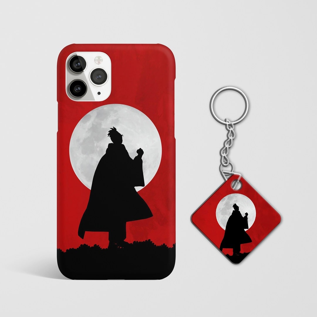 Close-up of Atomic Samurai’s intense expression on white moon-themed phone case with Keychain.
