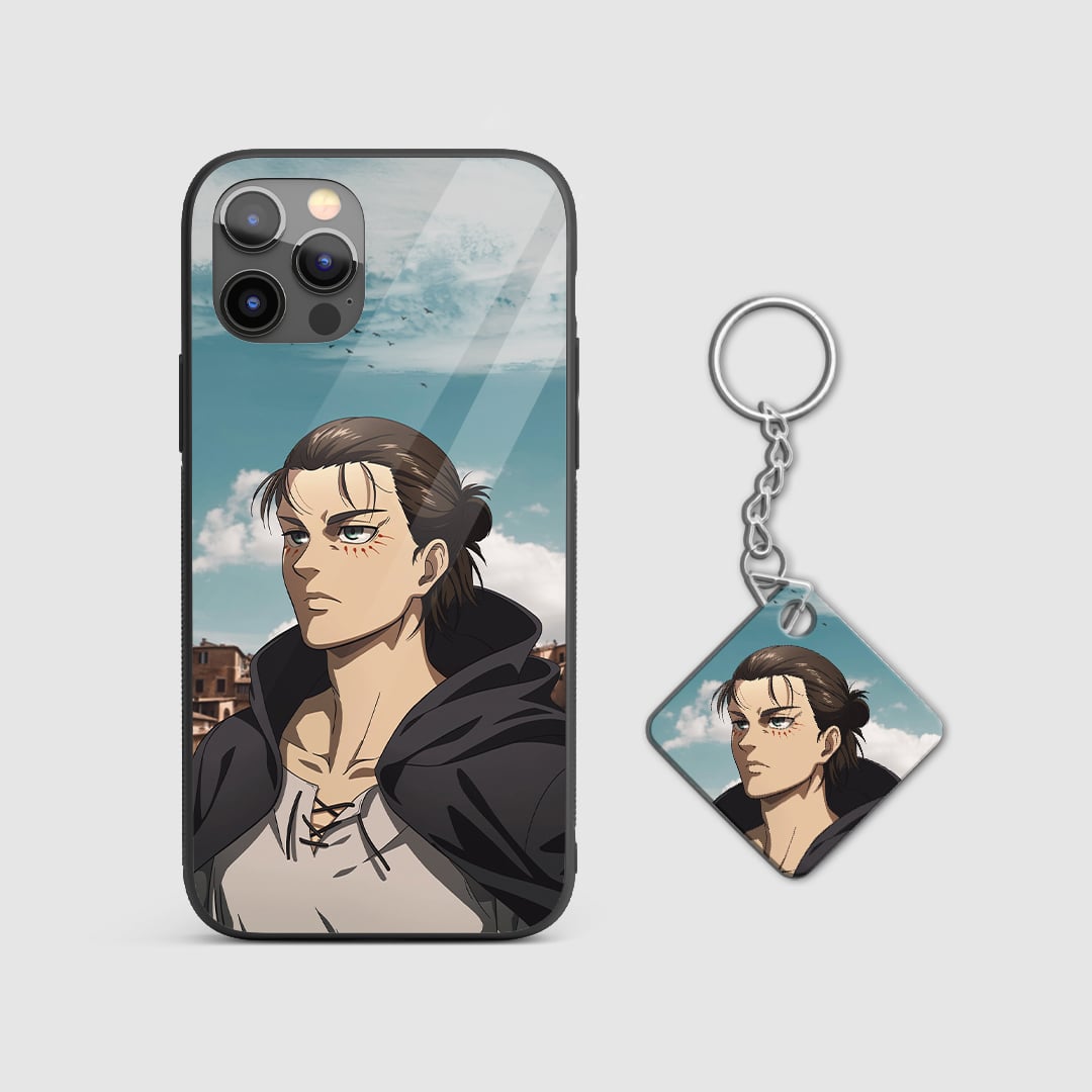 Fierce design of Eren Yeager from Attack on Titan on a durable silicone phone case with Keychain.