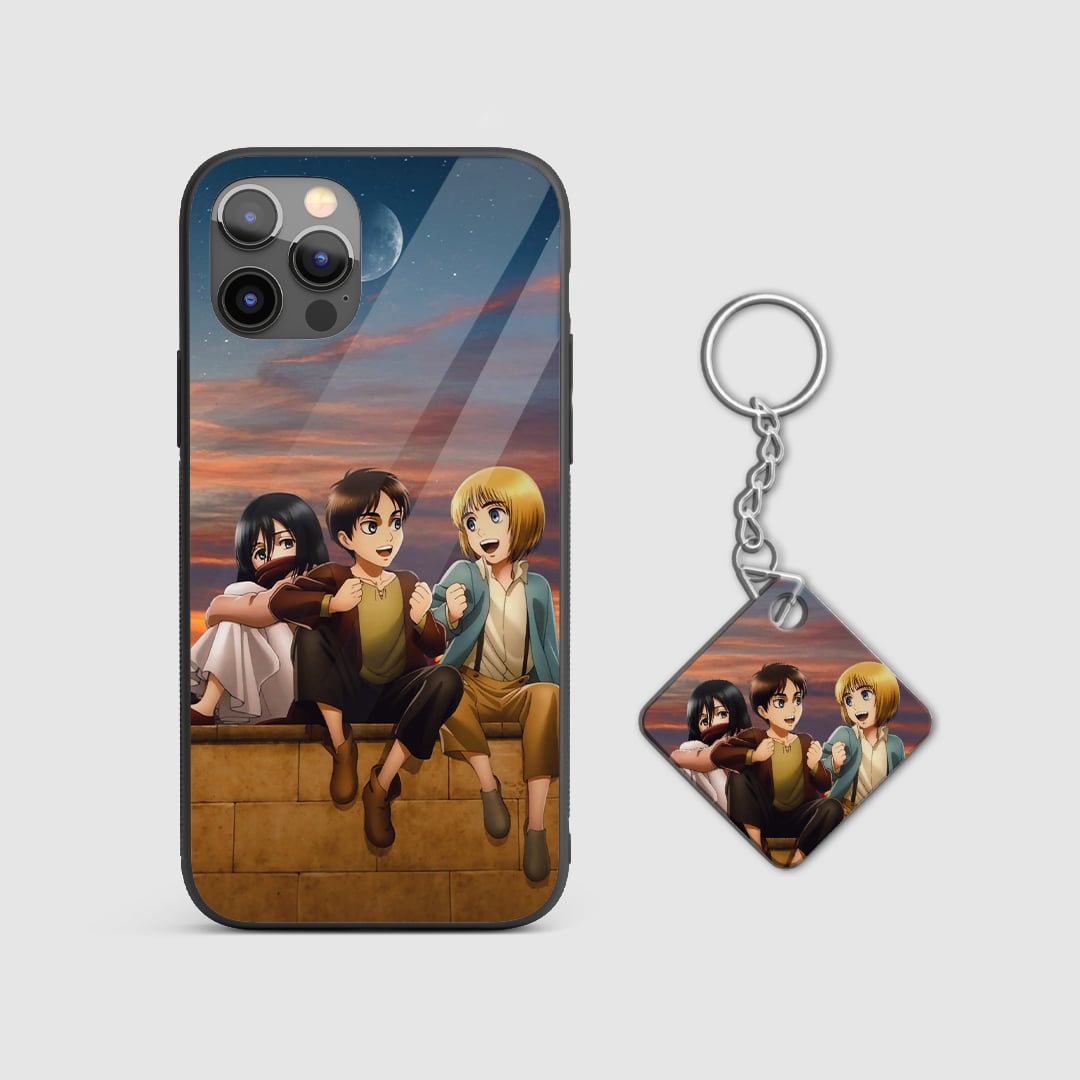Epic design of Eren, Mikasa, and Armin from Attack On Titan on a durable silicone phone case with Keychain.