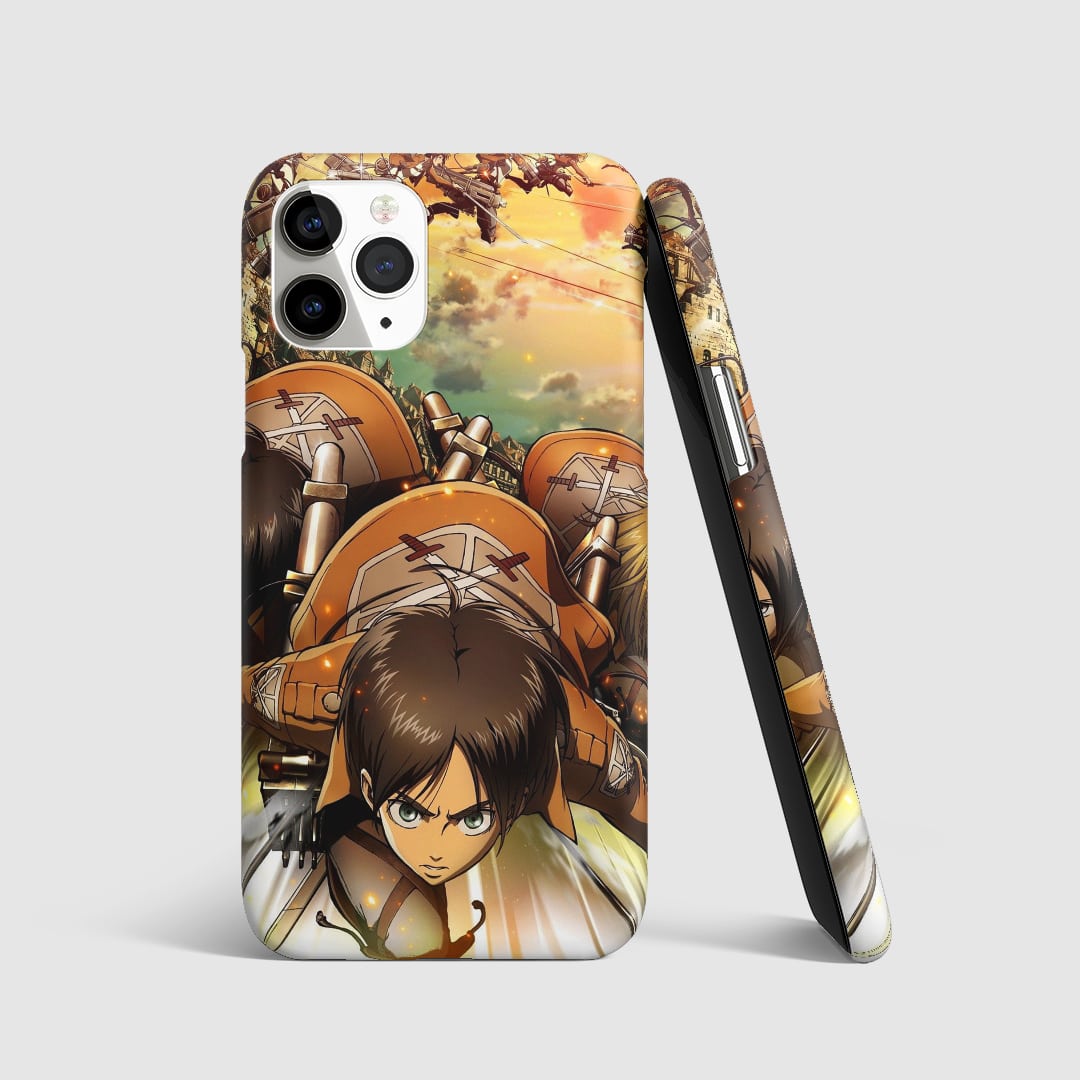 Dynamic artwork capturing intense battles from "Attack on Titan" on phone cover.