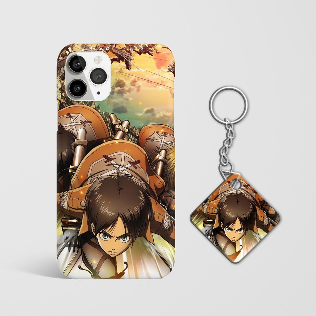 Close-up of an epic fight scene on the "Attack on Titan" phone case with Keychain.