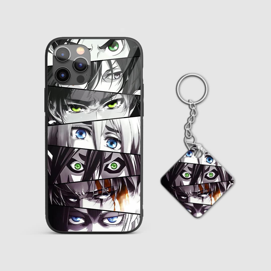 Intense gaze design from Attack on Titan on a durable silicone phone case with Keychain.