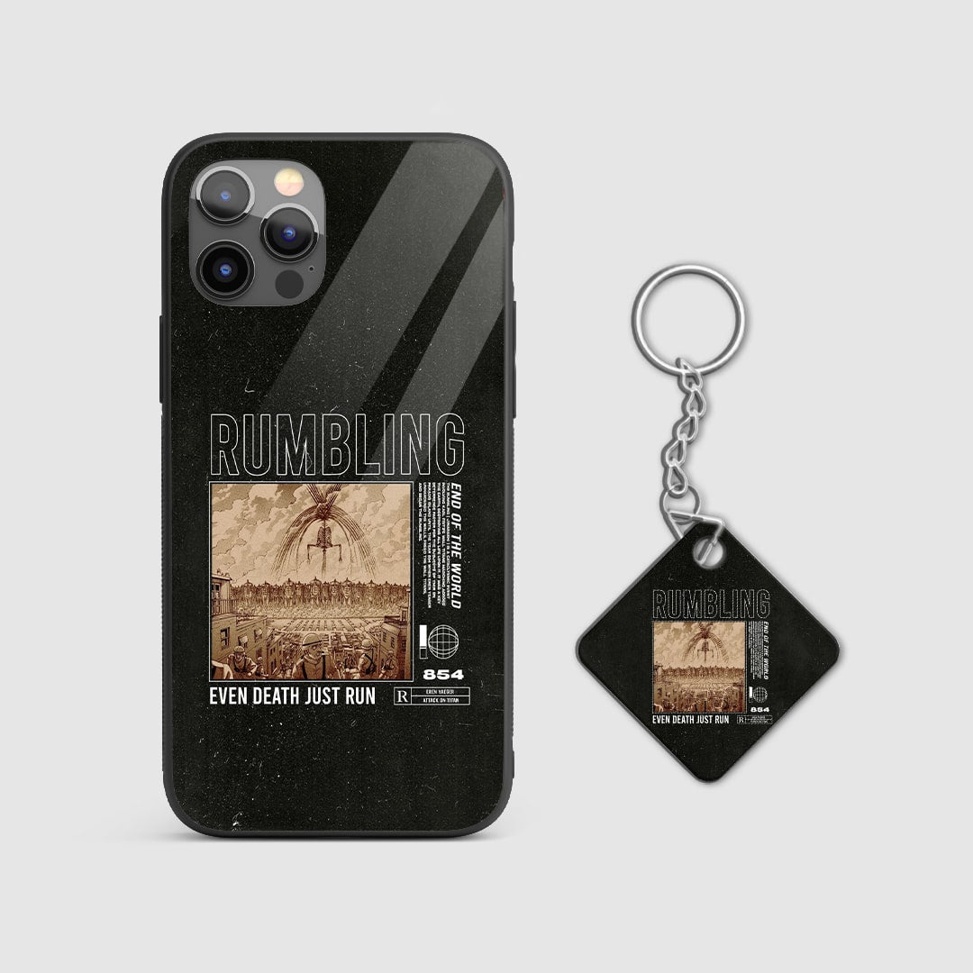 Epic Rumbling design from Attack on Titan on a durable silicone phone case with Keychain.