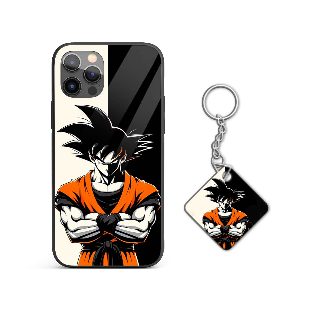 Back view of Goku Black & Orange Silicone Armored Phone Case highlighting shock-absorbent silicone with Keychain.