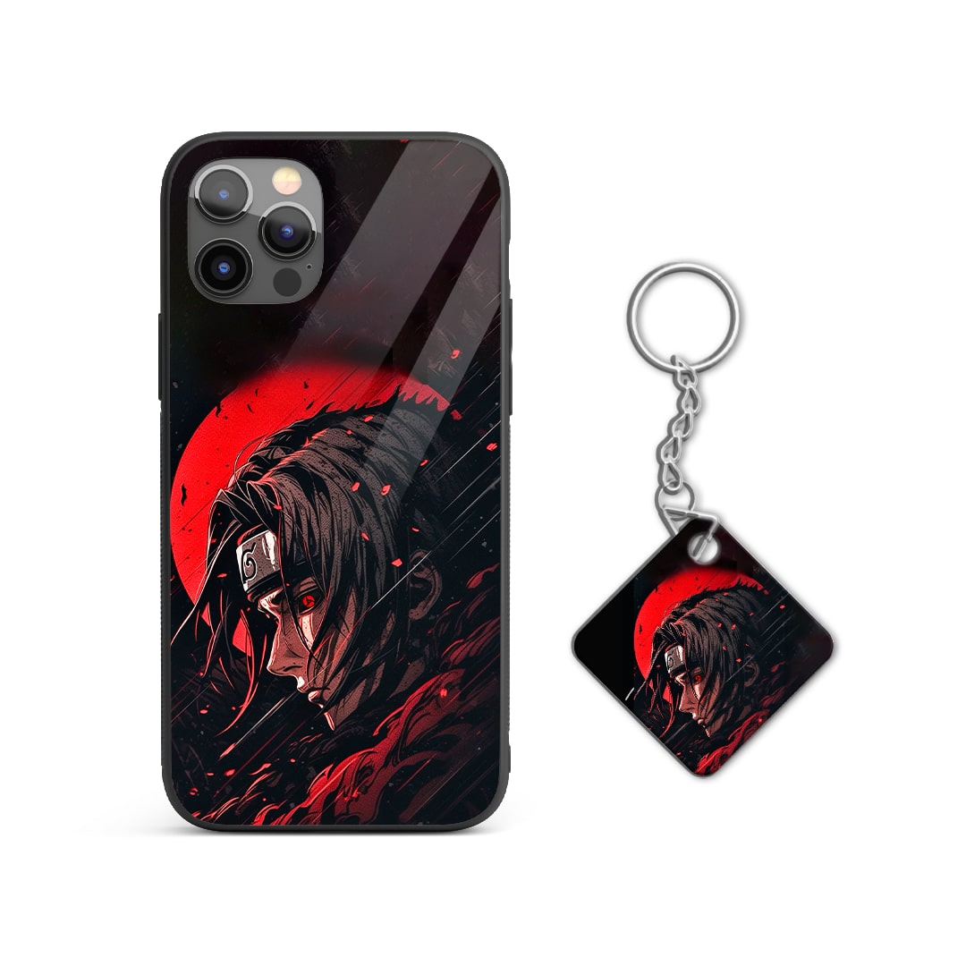 Back view of Itachi Uchiha Graphic Silicone Armored Phone Case highlighting durable silicone with Keychain.