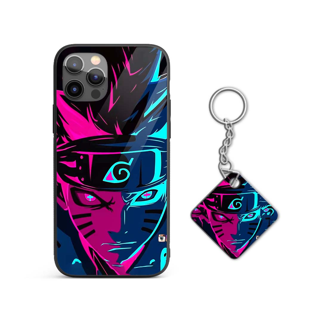 Back view of Naruto Neon Silicone Armored Phone Case highlighting durable silicone with Keychain.