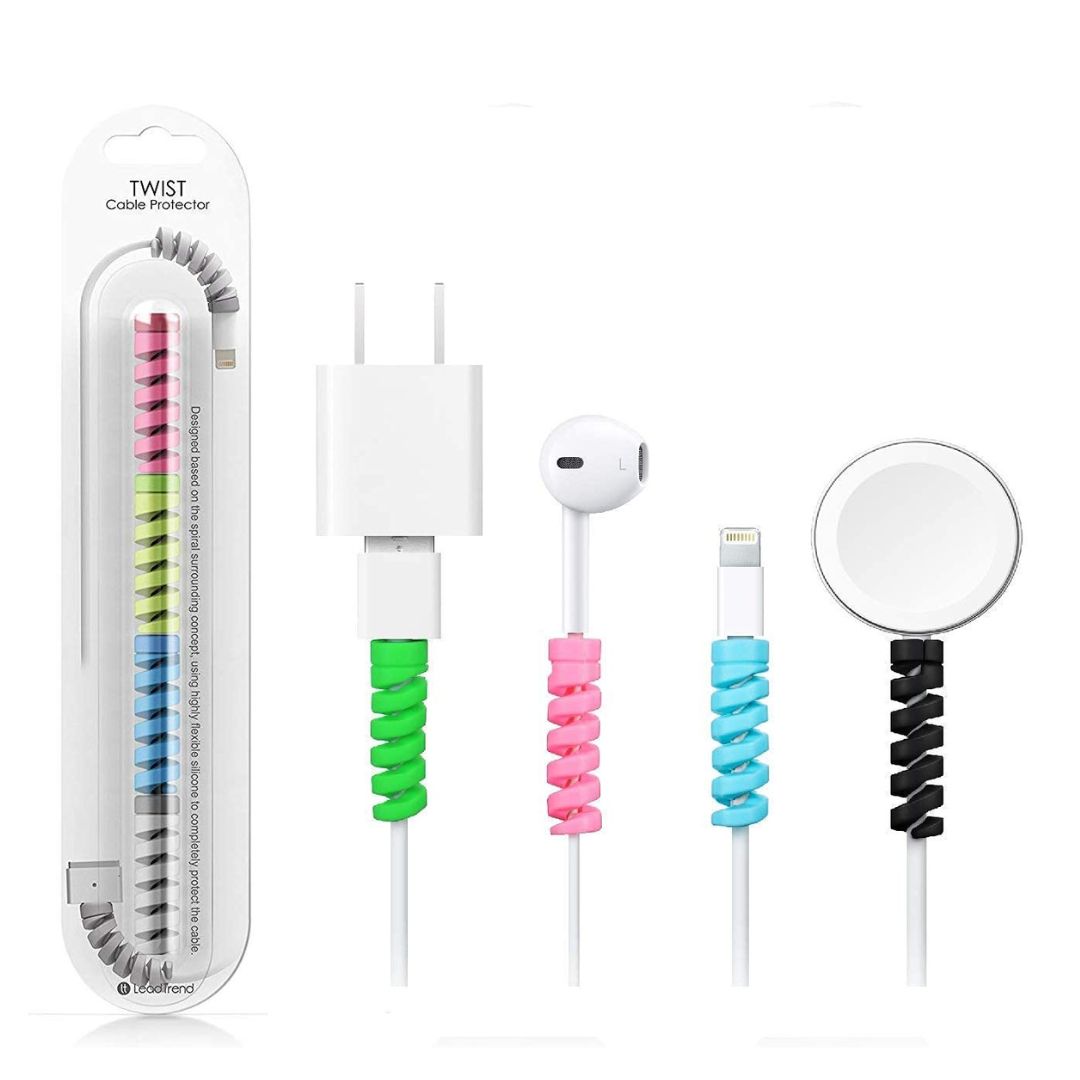 Colorful silicone cable protectors designed to prevent cord fraying and extend the life of charging cables, displayed in packaging.