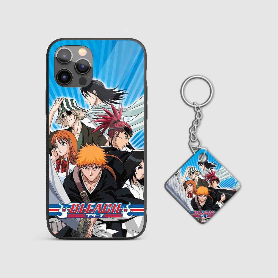 Dynamic design of Bleach on a durable silicone phone case with Keychain.