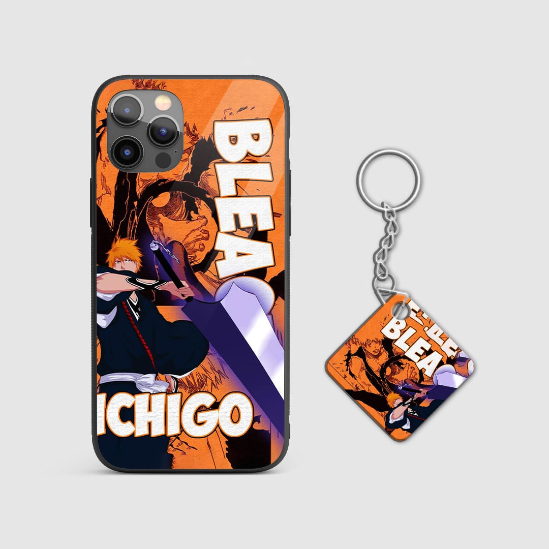 Powerful design of Ichigo Kurosaki from Bleach on a durable silicone phone case with Keychain.