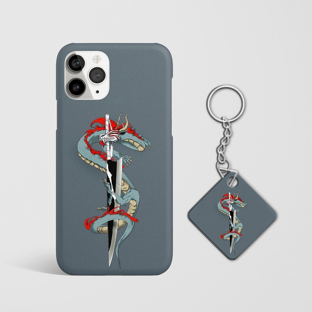Close-up of the Shinigami katana design on phone case with Keychain.