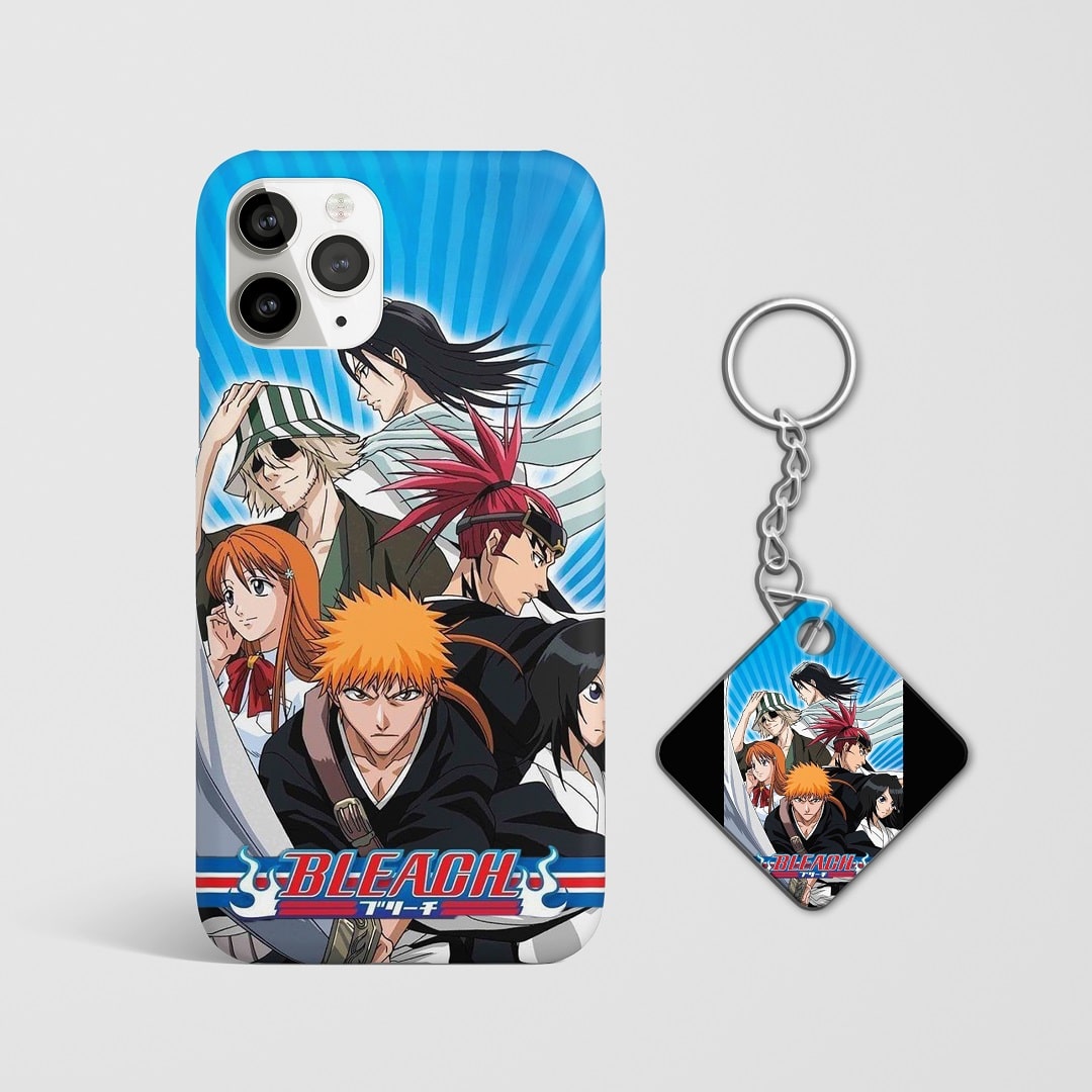 Close-up of the detailed "Bleach" design on phone case with Keychain.
