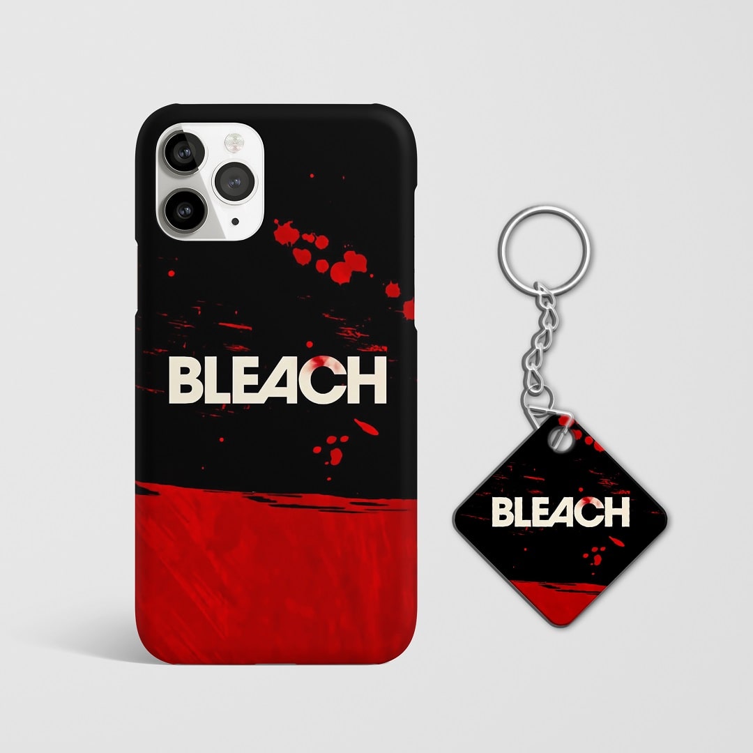 Close-up of the intense "Bleach" design in red and black on phone case with Keychain.