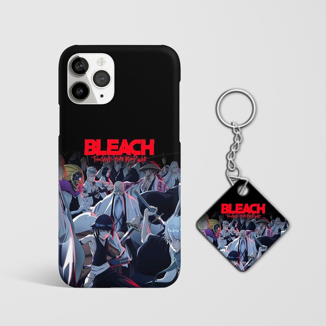 Close-up of the detailed "Bleach Thousand Years" design on phone case with Keychain.