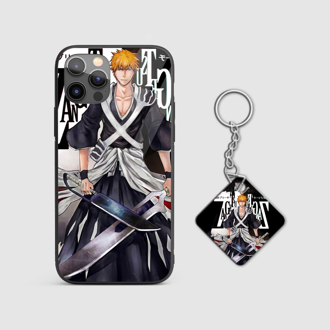 Powerful design of Zangetsu from Bleach on a durable silicone phone case with Keychain.