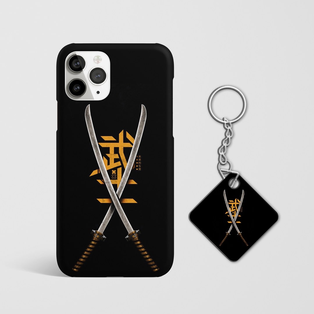 Close-up of Zanpakuto sword design on phone case with Keychain.