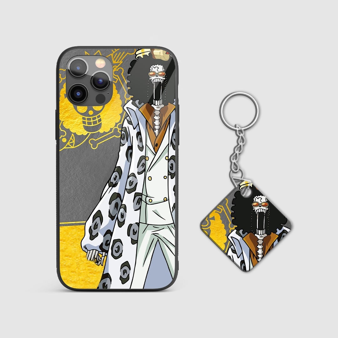Close-up of the playful and detailed Brook skeleton artwork on the phone case with Keychain.
