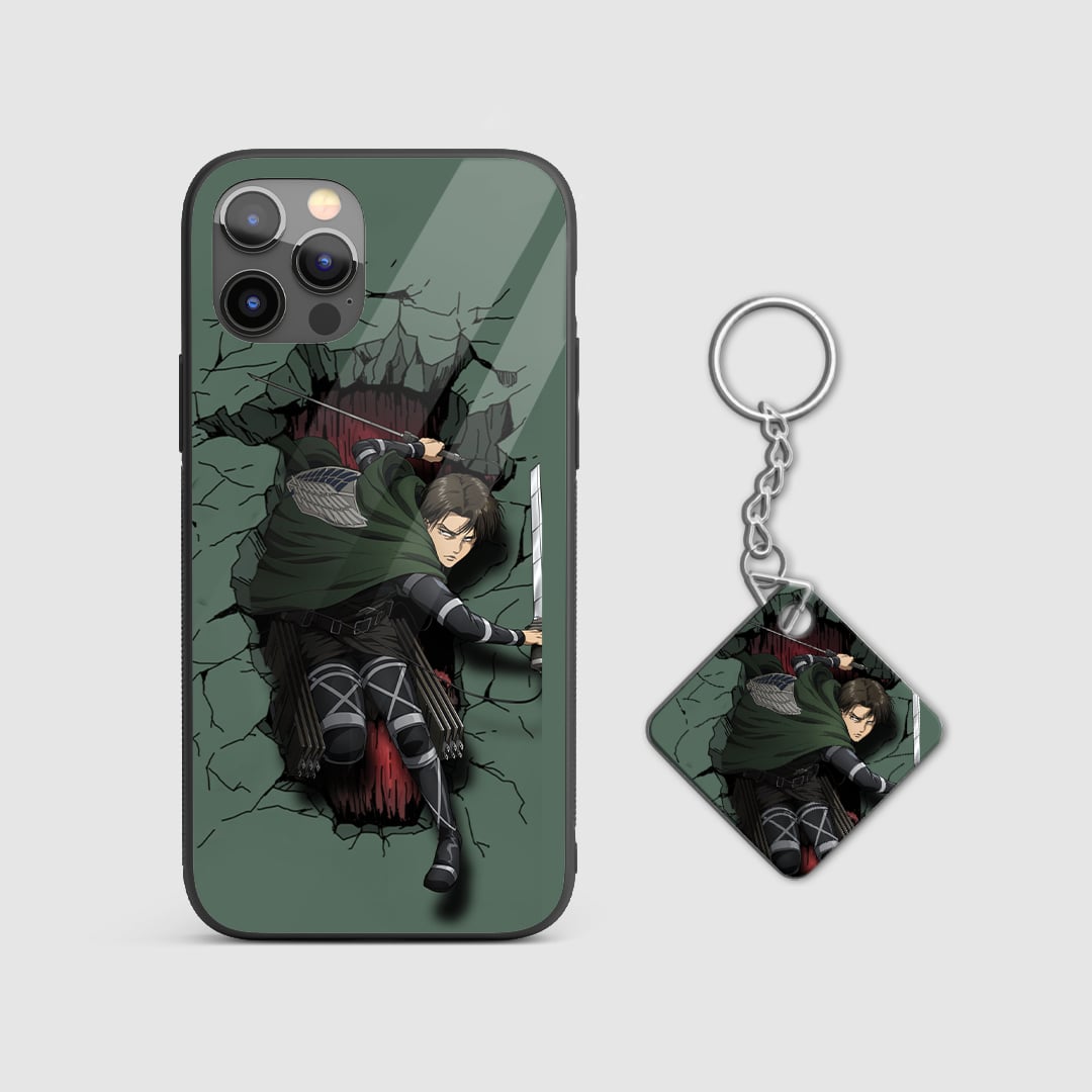 Iconic design of Captain Levi from Attack on Titan on a durable silicone phone case with Keychain.