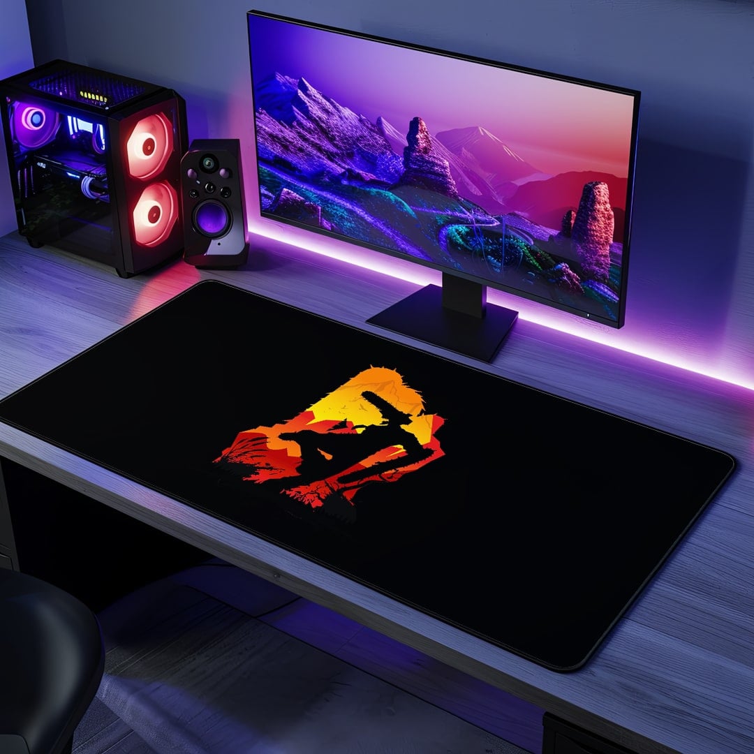 Chainsaw Man Silhouette Desk Mat on minimalist desk setup