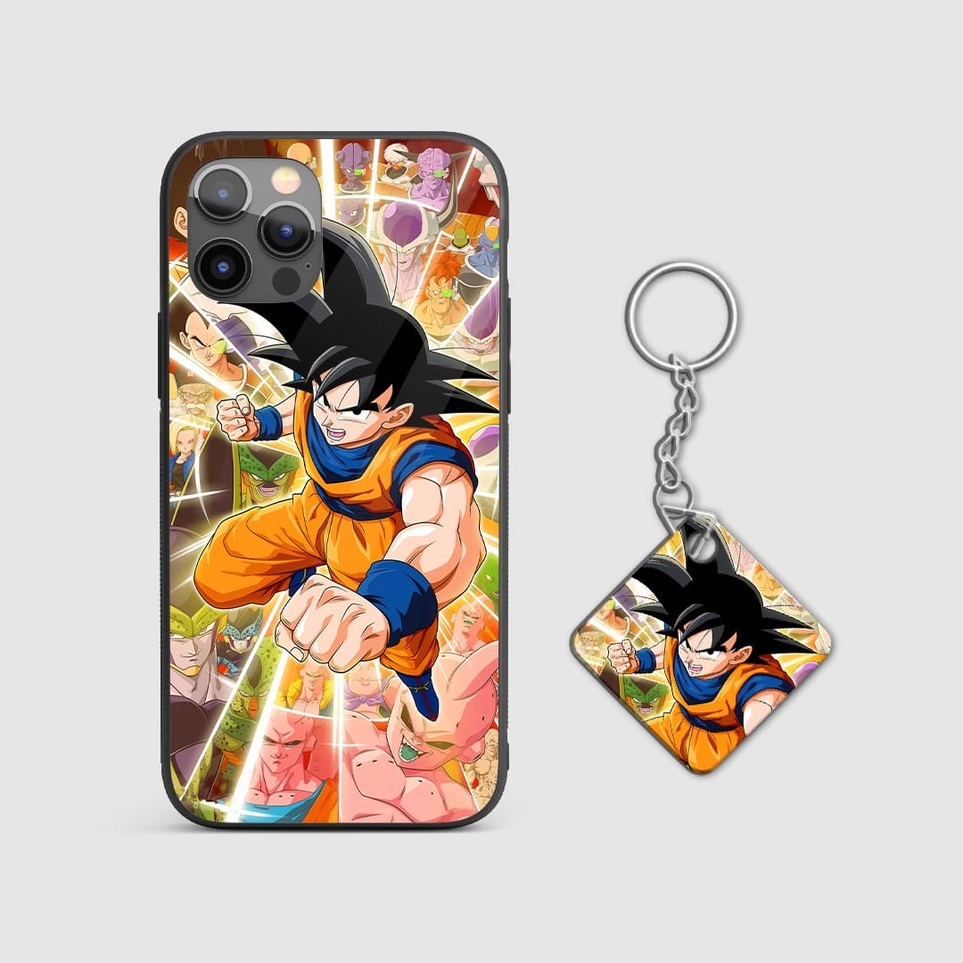 Vibrant depiction of iconic Dragon Ball characters in combat on a durable silicone phone case with Keychain.