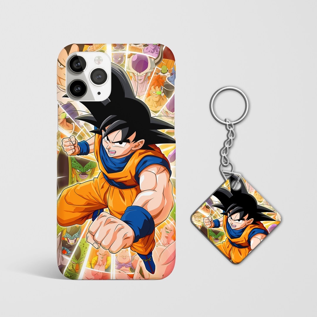 Close-up of Goku action pose on phone cover, showcasing vibrant colors with Keychain.