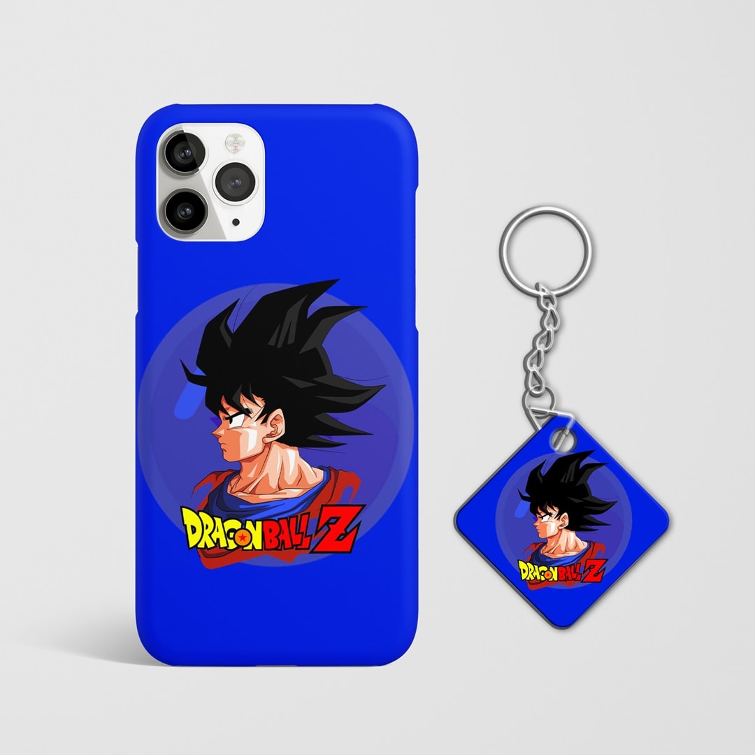 Detailed view of minimalist Goku artwork on phone case with Keychain.