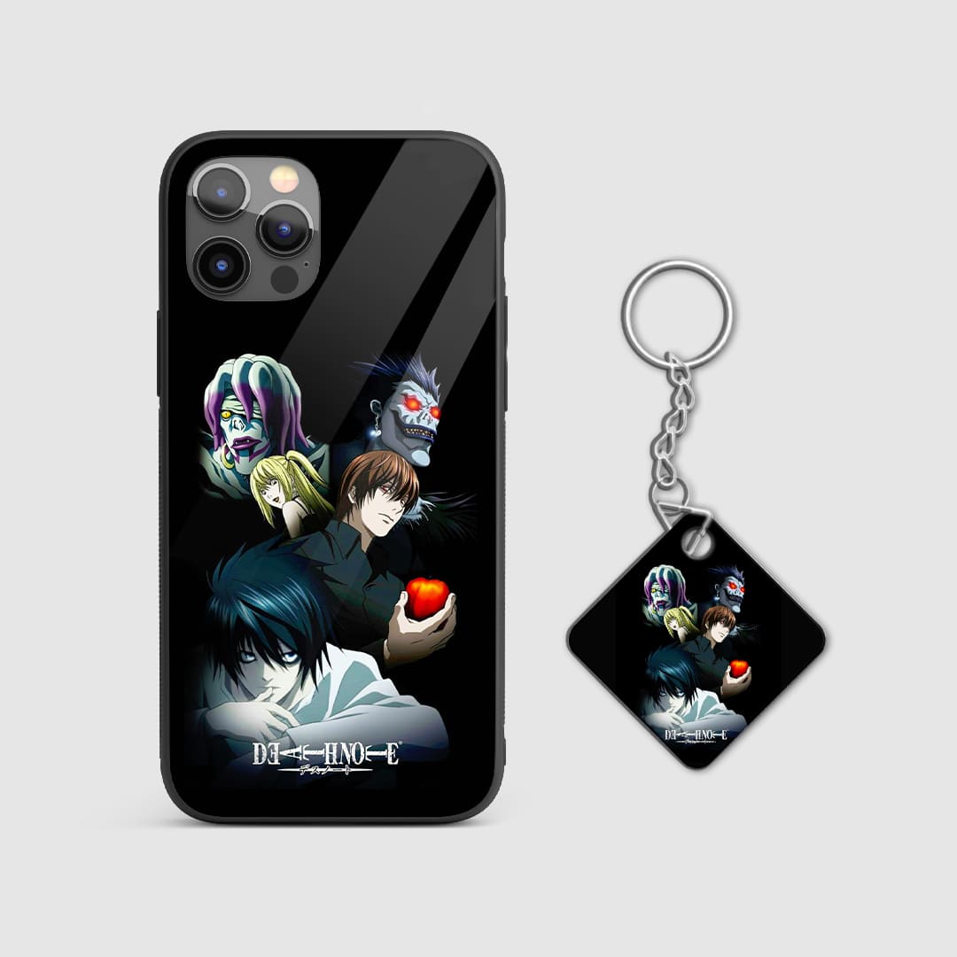 Collage of Death Note’s main characters on a high-quality silicone phone case, showcasing their dynamic interactions with Keychain.
