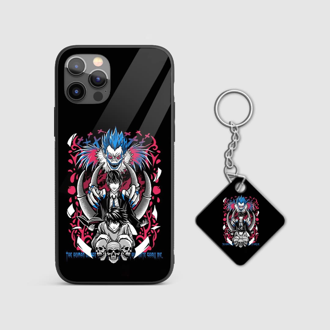 Detailed graphic design featuring key Death Note characters on a robust silicone phone case with Keychain.