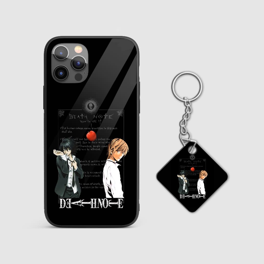 Realistic Death Note cover art on a robust silicone phone case, echoing the series' themes with Keychain.