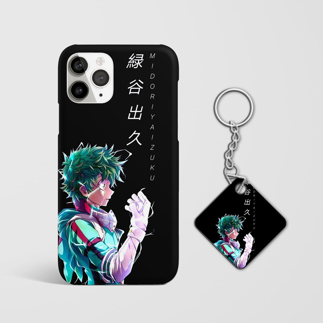 Deku Lightning Mode anime phone cover flat lay with Keychain