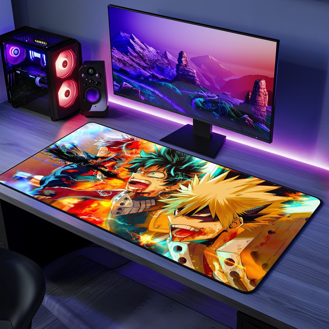 Deku vs Bakugo anime desk mat top view