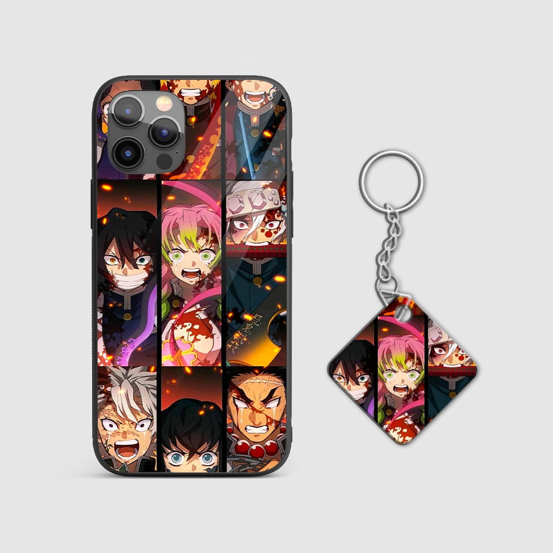 Dynamic collage design of Demon Slayer characters on a durable silicone phone case with Keychain.