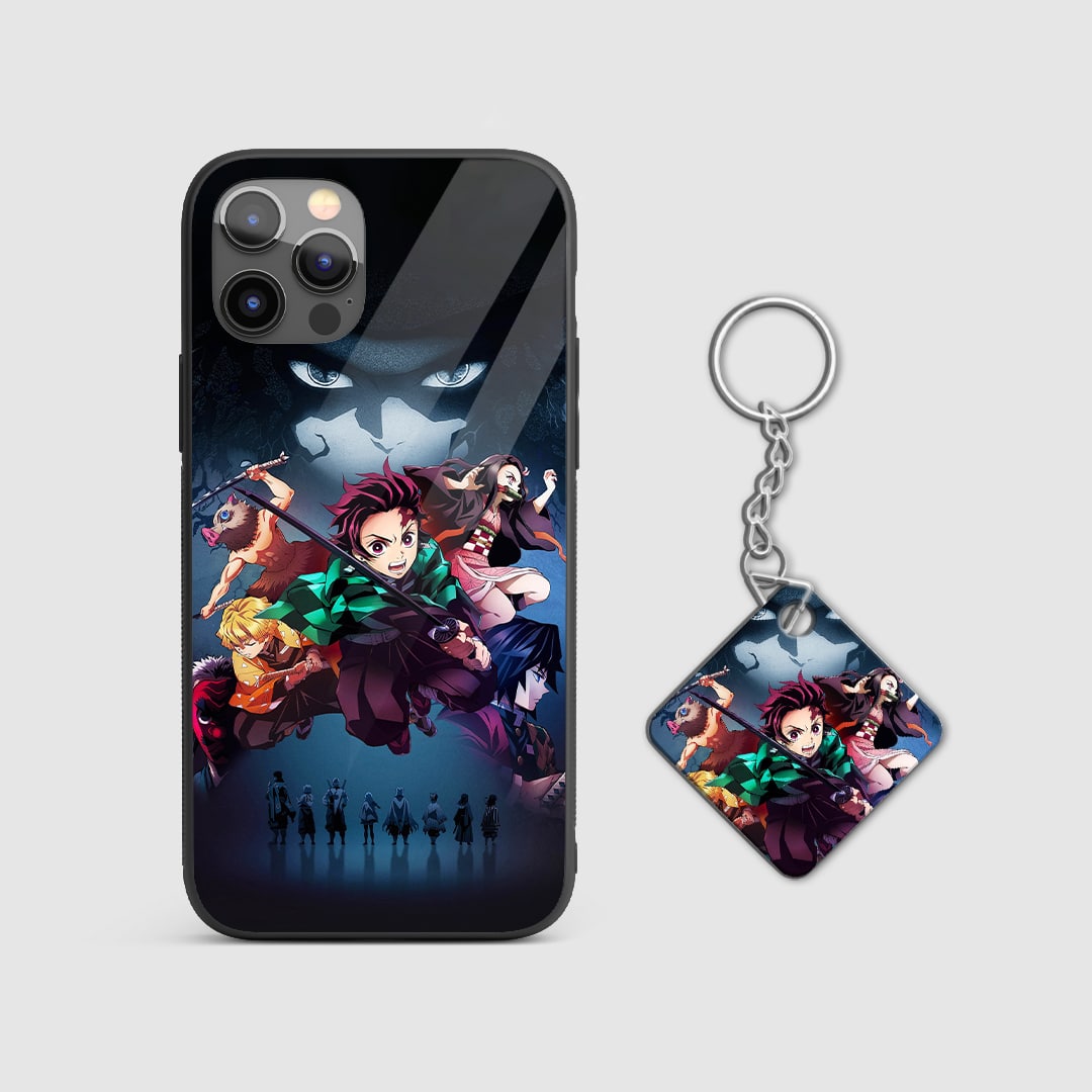 Fierce action design of the Demon Slayer group from Demon Slayer on a durable silicone phone case with Keychain.