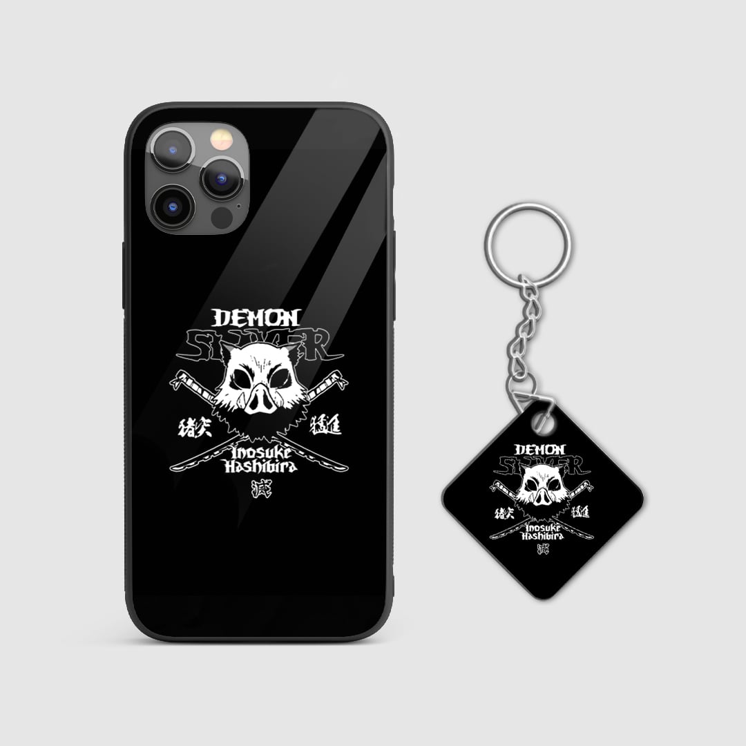 Fierce design of Inosuke Hashibira from Demon Slayer on a durable silicone phone case with Keychain.