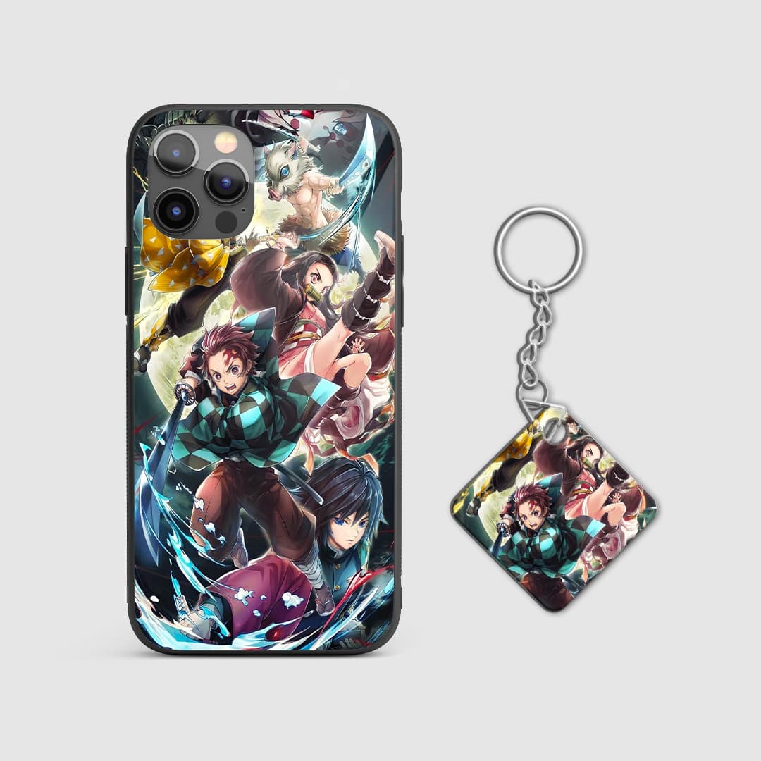 Vibrant squad design from Demon Slayer on a durable silicone phone case with Keychain.