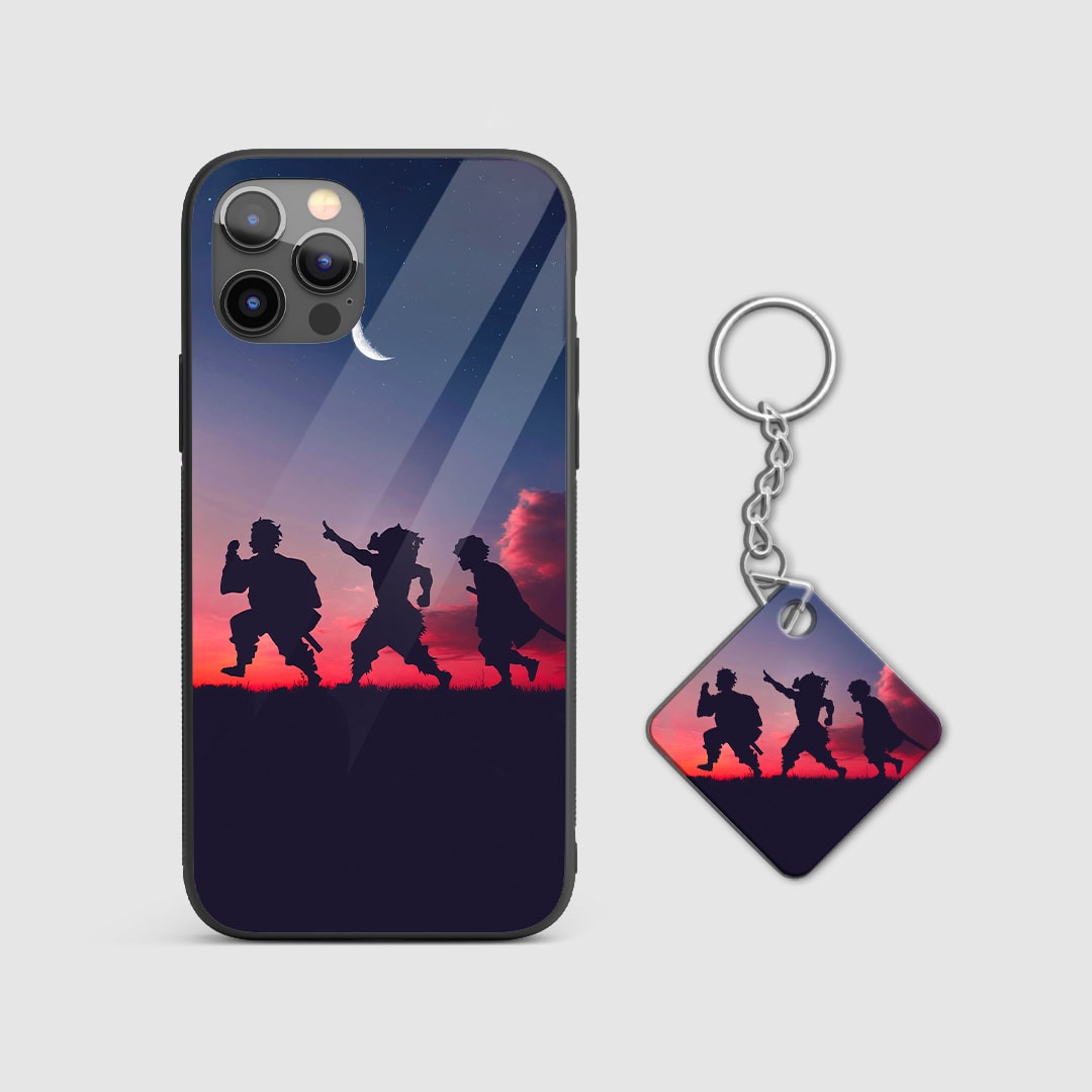 Beautiful trio design from Demon Slayer on a durable silicone phone case with Keychain.