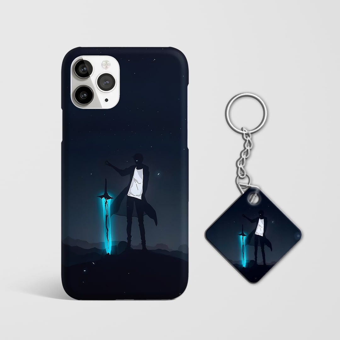 Back view of Solo Leveling phone cover with blade artwork with Keychain.