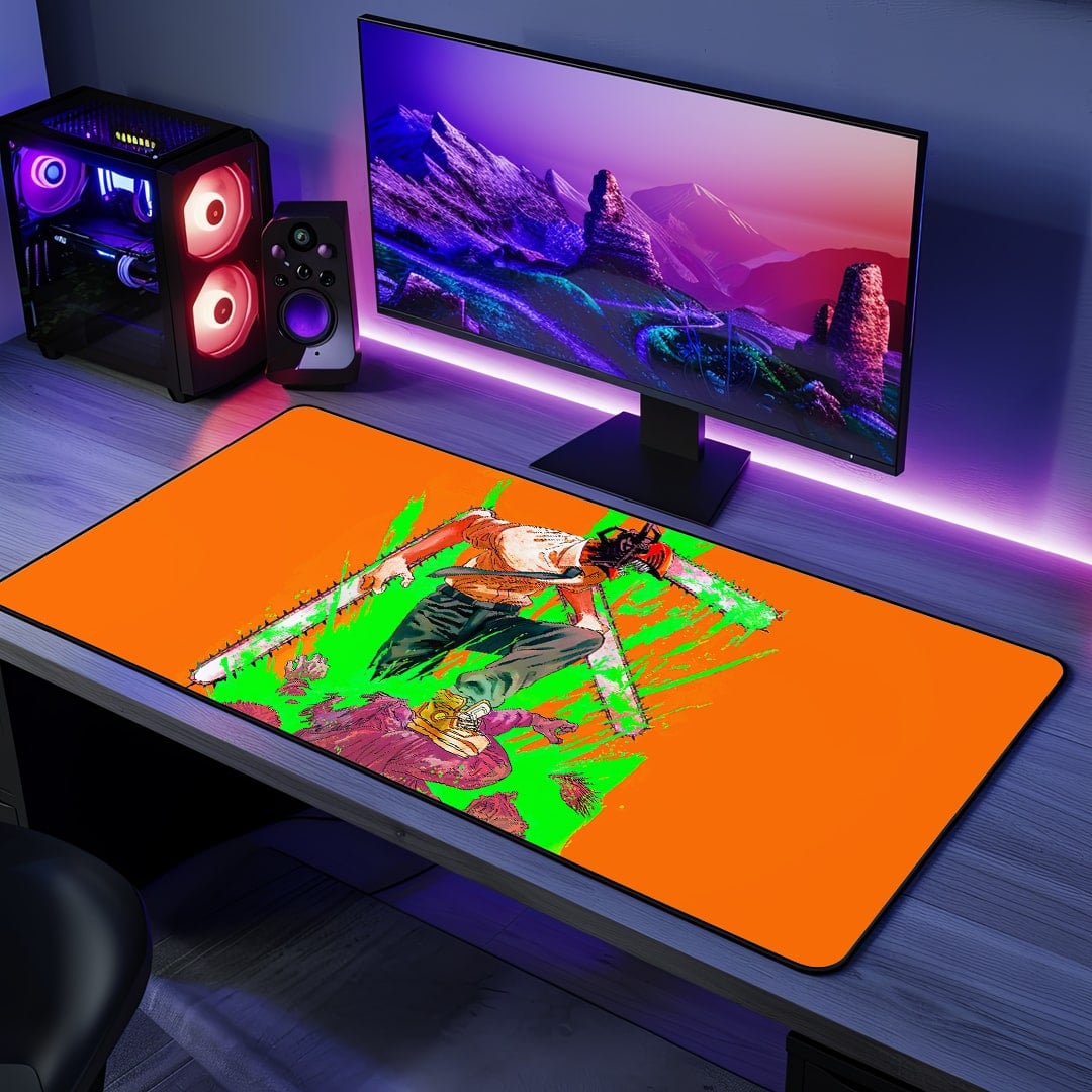Denji Neon Rage Desk Mat featuring Chainsaw Man design