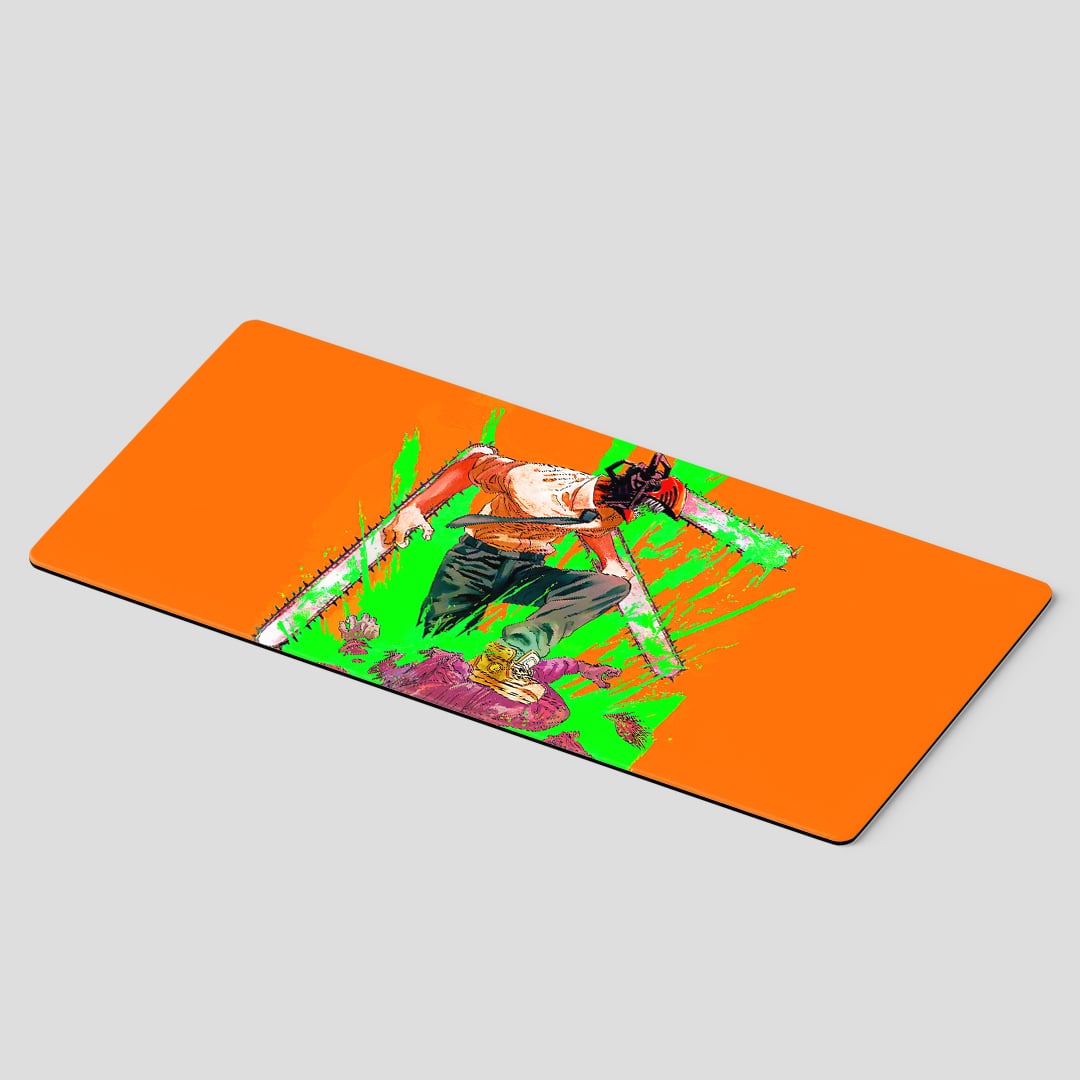 Denji Neon Rage Desk Mat on gaming desk setup