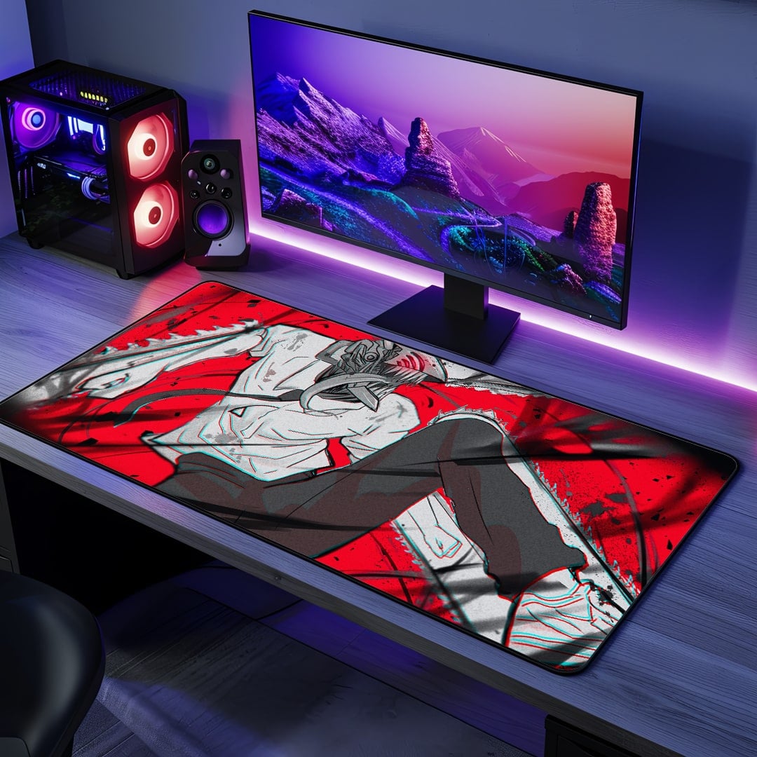 Denji Red Rampage Desk Mat on gaming desk setup