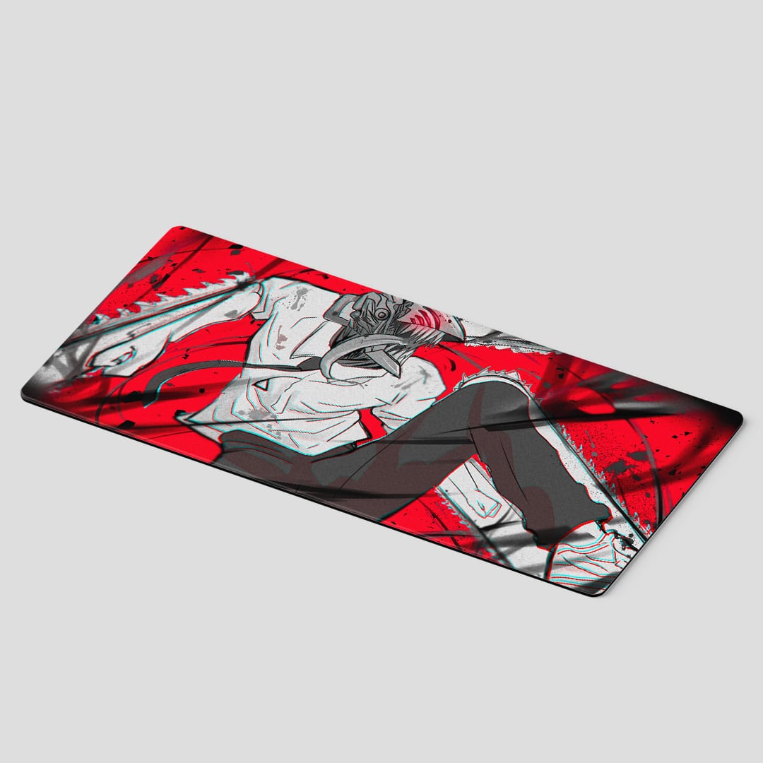 Bold red Denji Rampage desk mat for anime fans