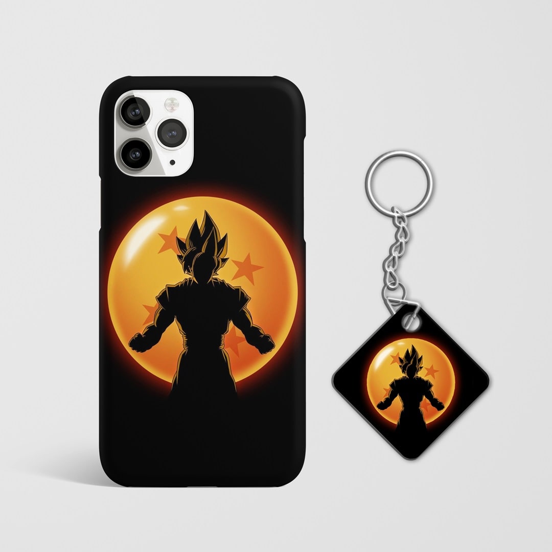 Close-up view of Dragon Ball minimalistic art on phone case with Keychain.