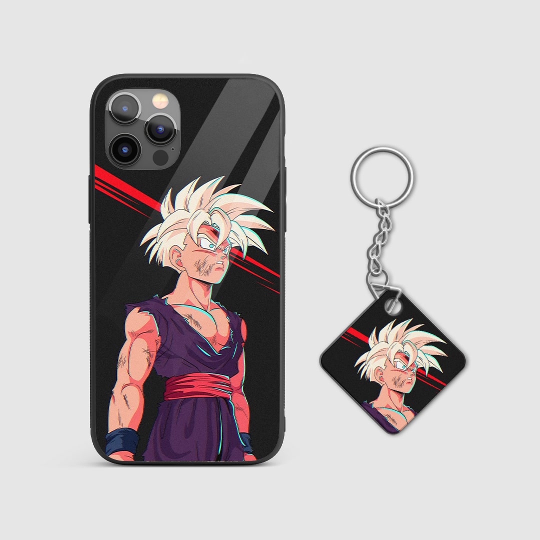 Detailed depiction of Gohan executing a Kamehameha on a robust silicone phone case with Keychain.