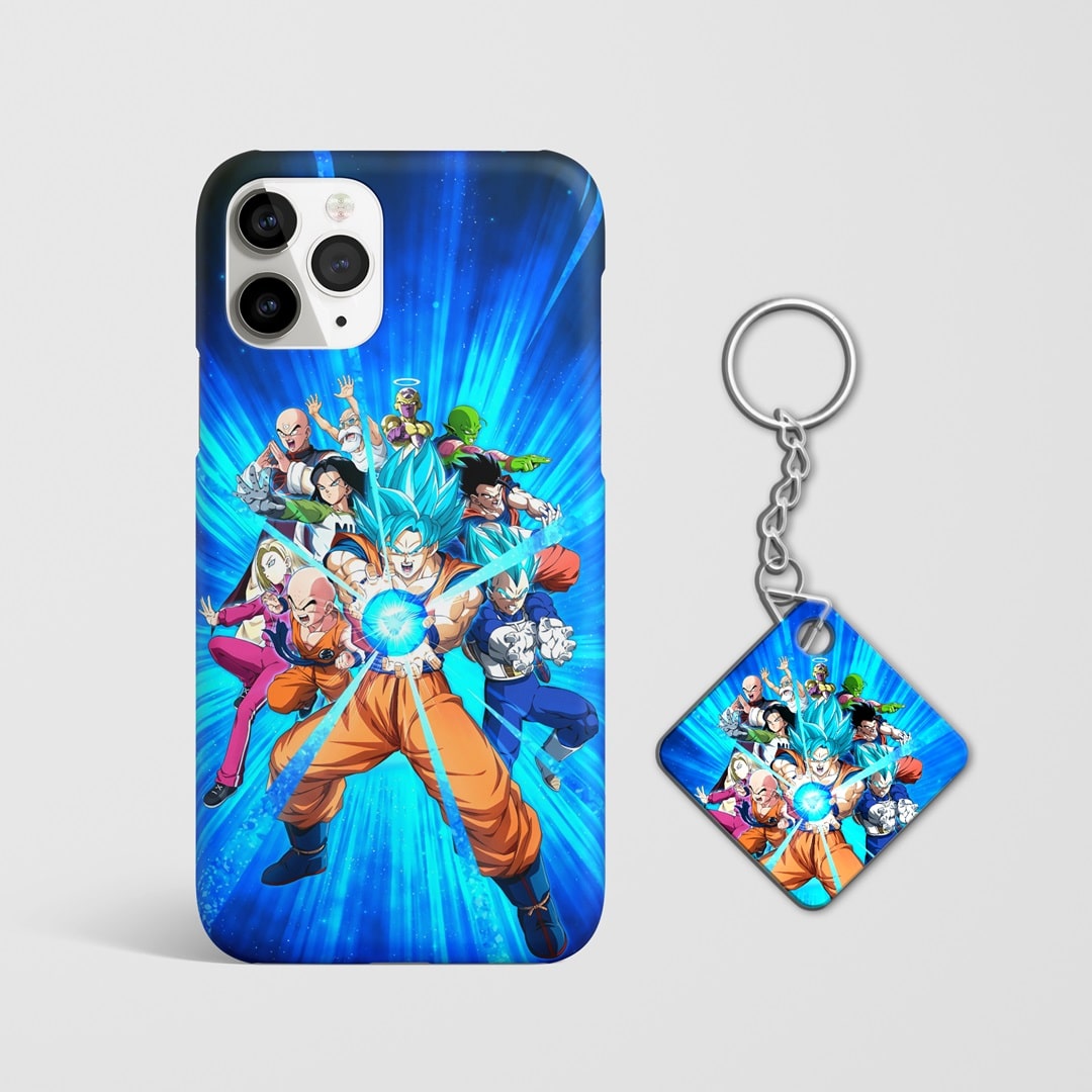 Close-up of the vibrant Dragon Ball Z graphics on the phone case with Keychain.