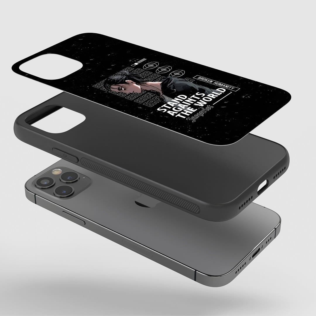 Eren Broken Humanity Phone Case installed on a smartphone, offering robust protection and an intense design.