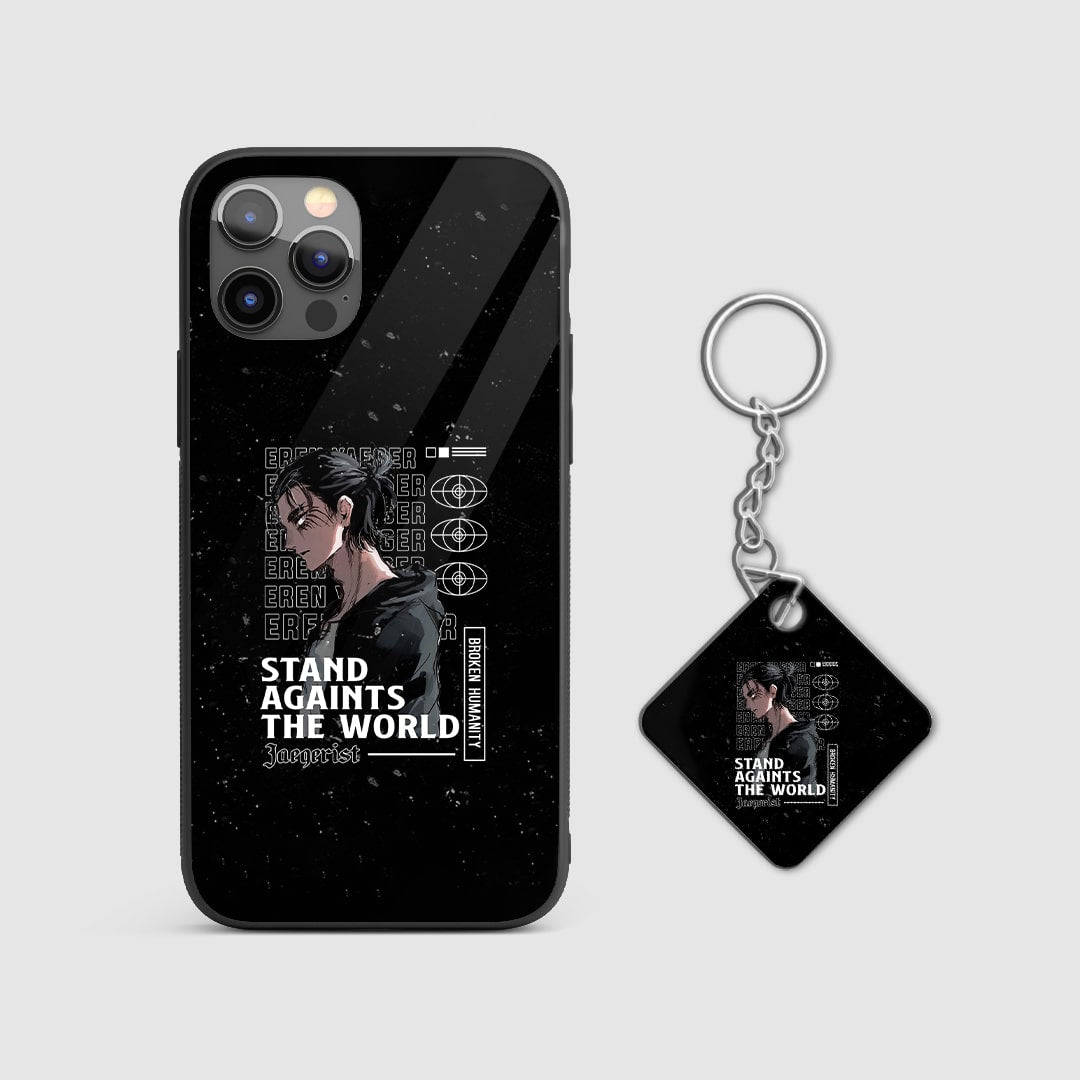 Intense design of Eren Yeager from Attack on Titan on a durable silicone phone case with Keychain.
