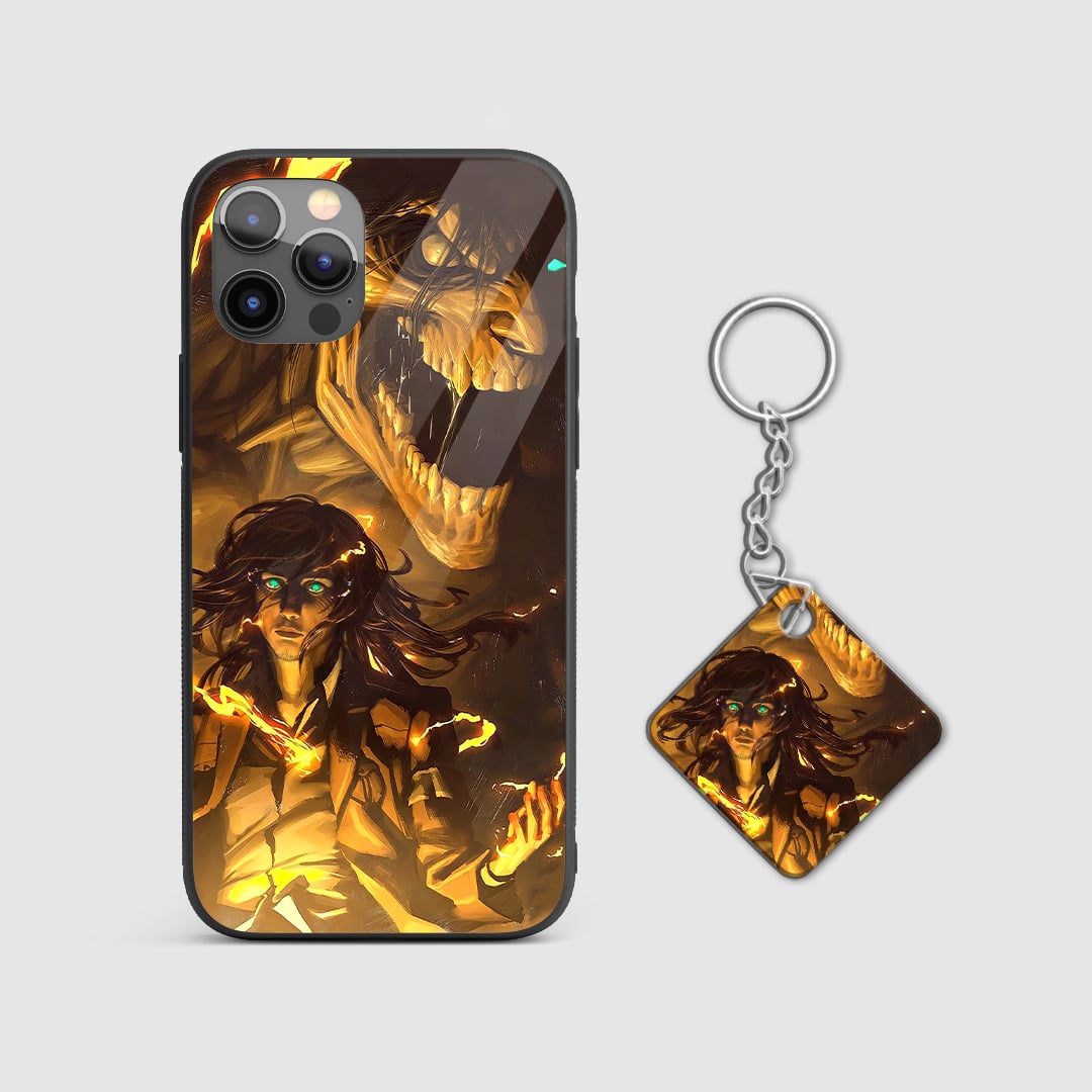 Apocalyptic design of Eren Yeager from Attack on Titan on a durable silicone phone case with Keychain.