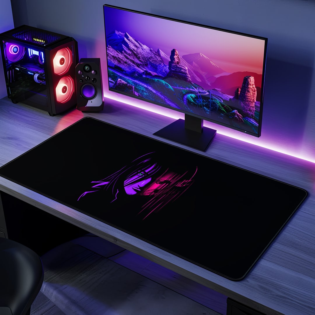 Eren Neon Desk Mat with vibrant neon anime design